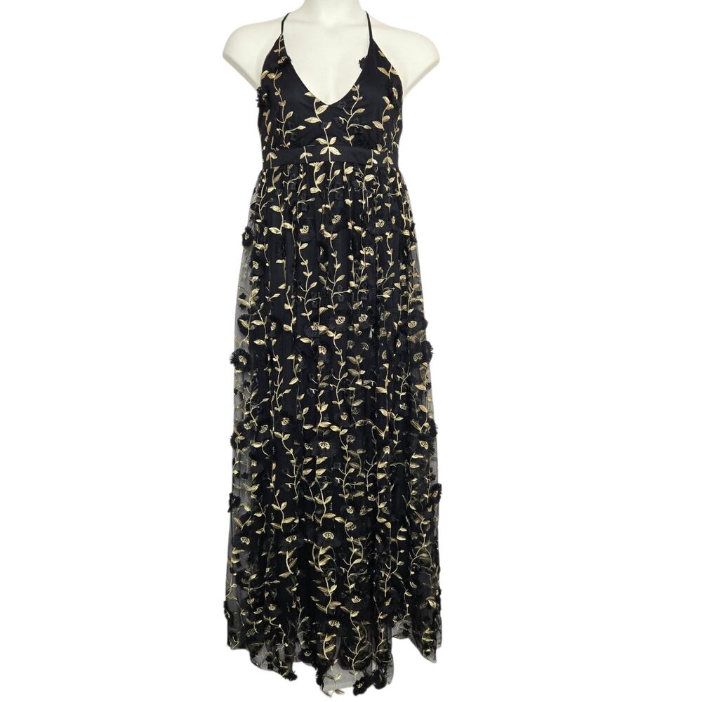 Altar'd State Arabella Maxi Dress Size Large Black Gold Flowy Floral 3D